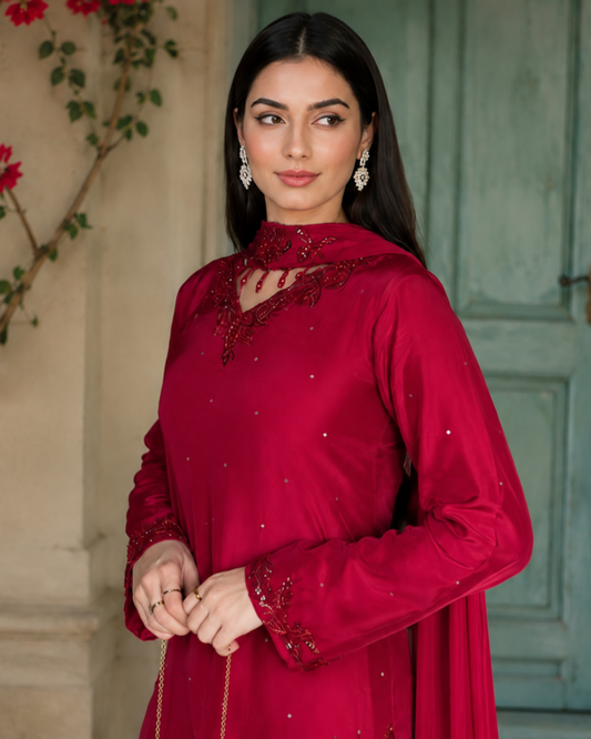 Areen-3 Piece Luxury Silk Suit with Farshi Shalwar