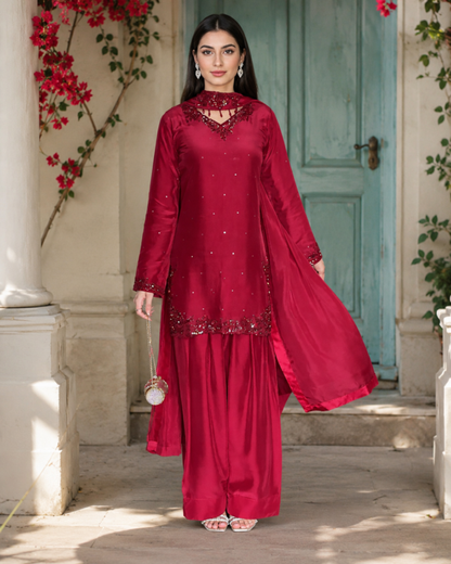 Areen-3 Piece Luxury Silk Suit with Farshi Shalwar