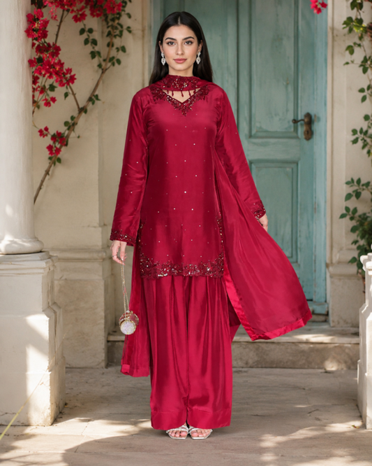 Areen-3 Piece Luxury Silk Suit with Farshi Shalwar