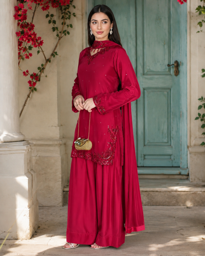 Areen-3 Piece Luxury Silk Suit with Farshi Shalwar